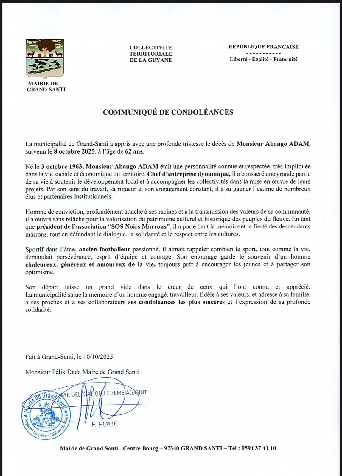 COMMUNIQUE DE CONDOLEANCES